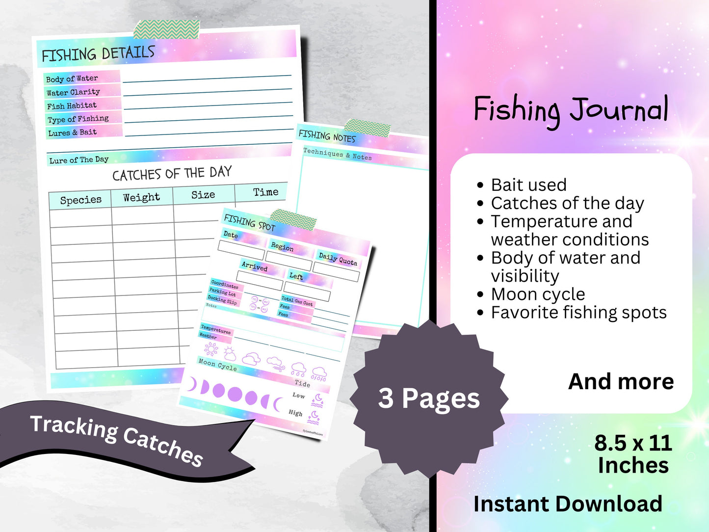 Printable Fishing Log Book With Tides & Moons, Angler Fisherman Diary