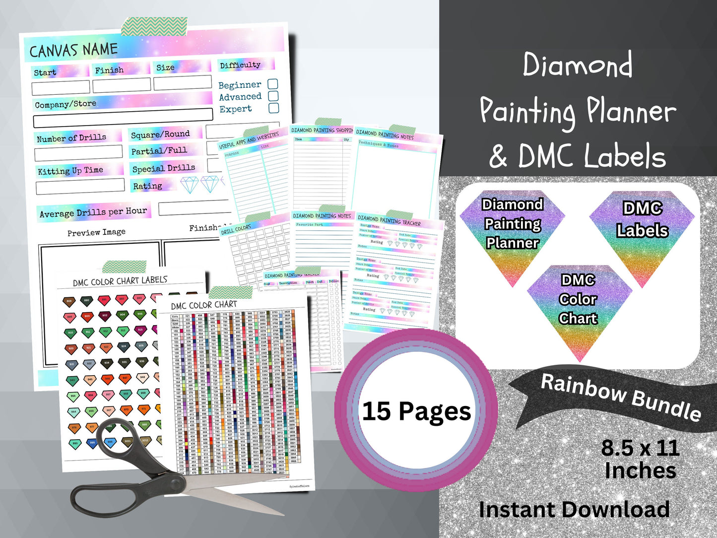 Printable Diamond Painting Planner Bundle with Dmc Color Label Stickers & Dmc Color Chart