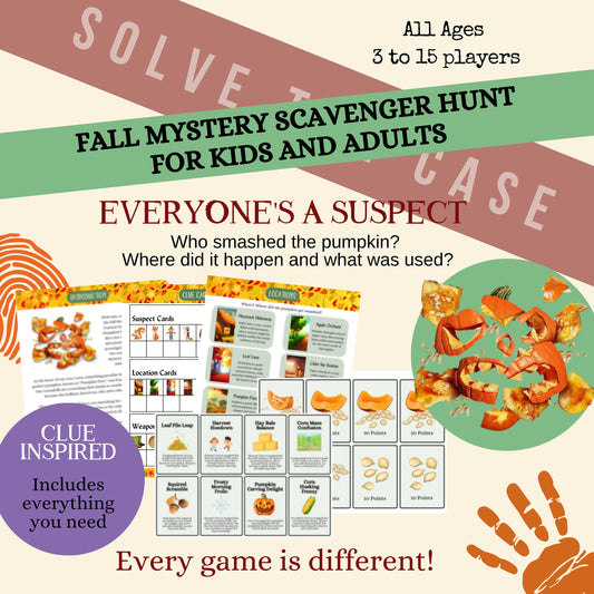 Fall Mystery Scavenger Hunt Printable Game for Kids and Adults, Clue Inspired