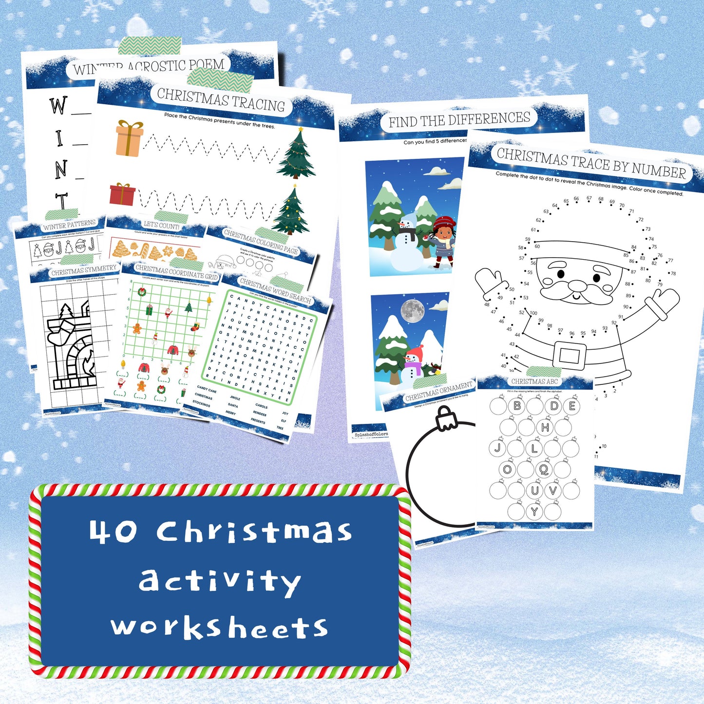 40 Print & Go Winter Activity Worksheets Printable Pack, Christmas Themed