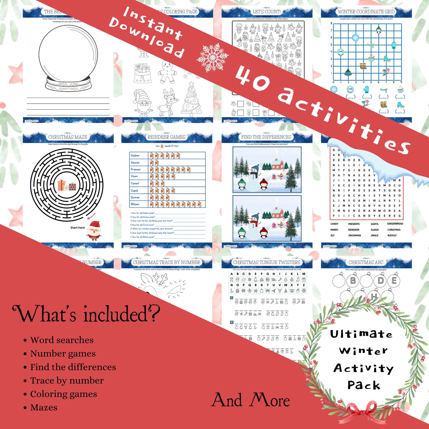 40 Print & Go Winter Activity Worksheets Printable Pack, Christmas Themed