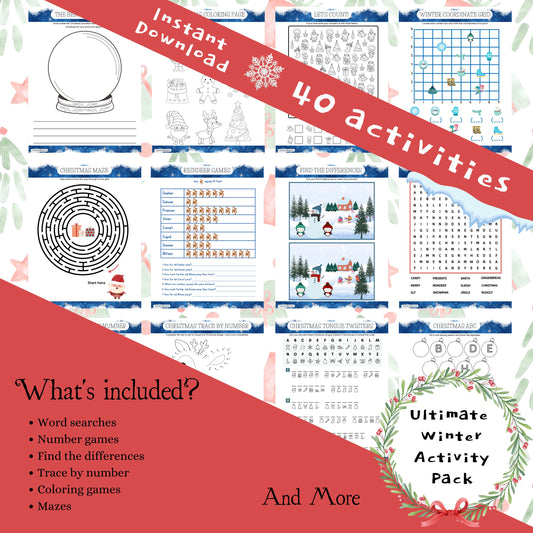 40 Print & Go Winter Activity Worksheets Printable Pack, Christmas Themed