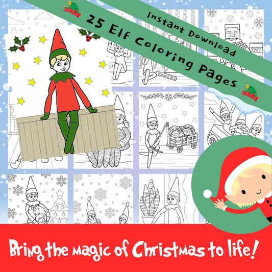 Set of 25 Christmas Elf Printable Coloring Pages for Kids