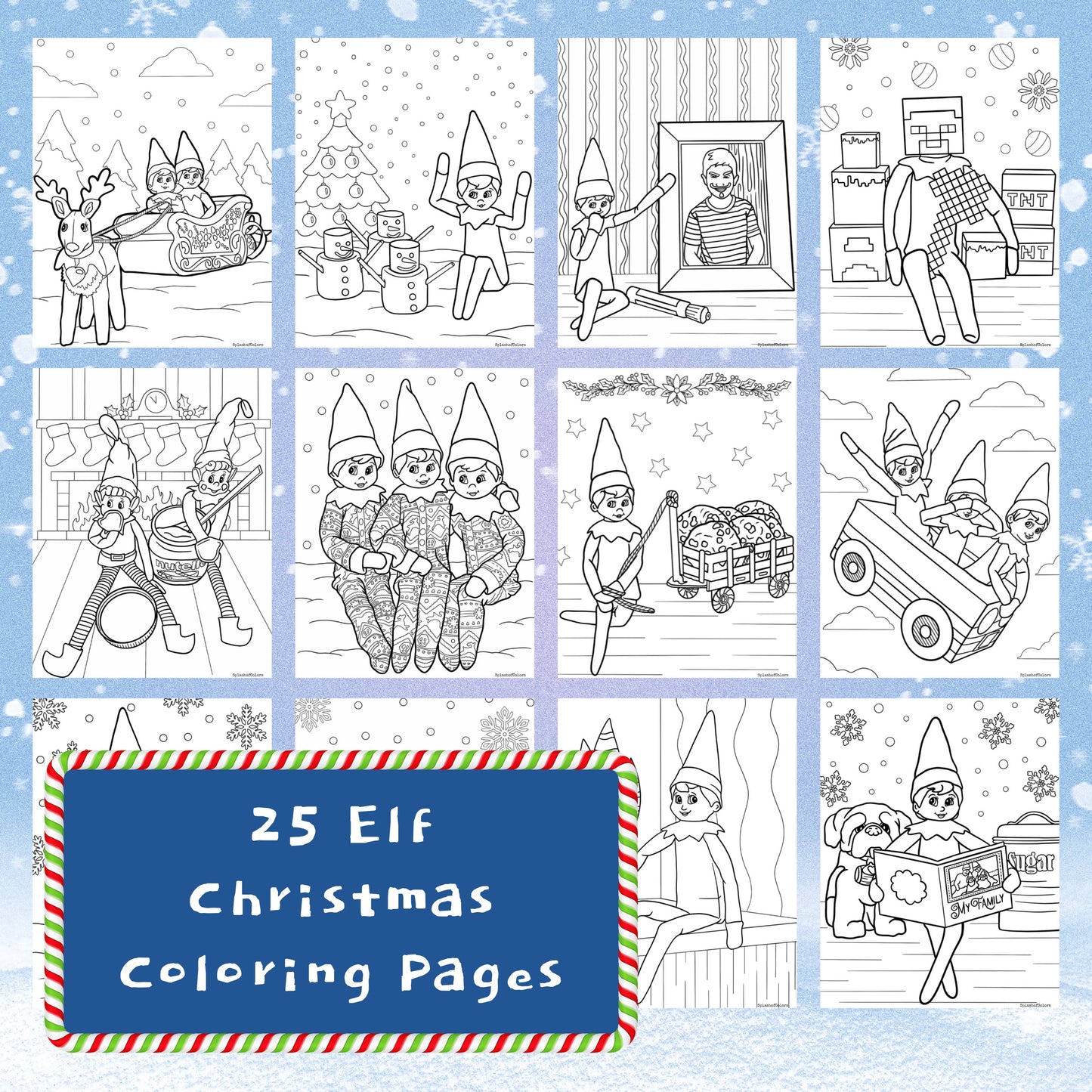 Set of 25 Christmas Elf Printable Coloring Pages for Kids