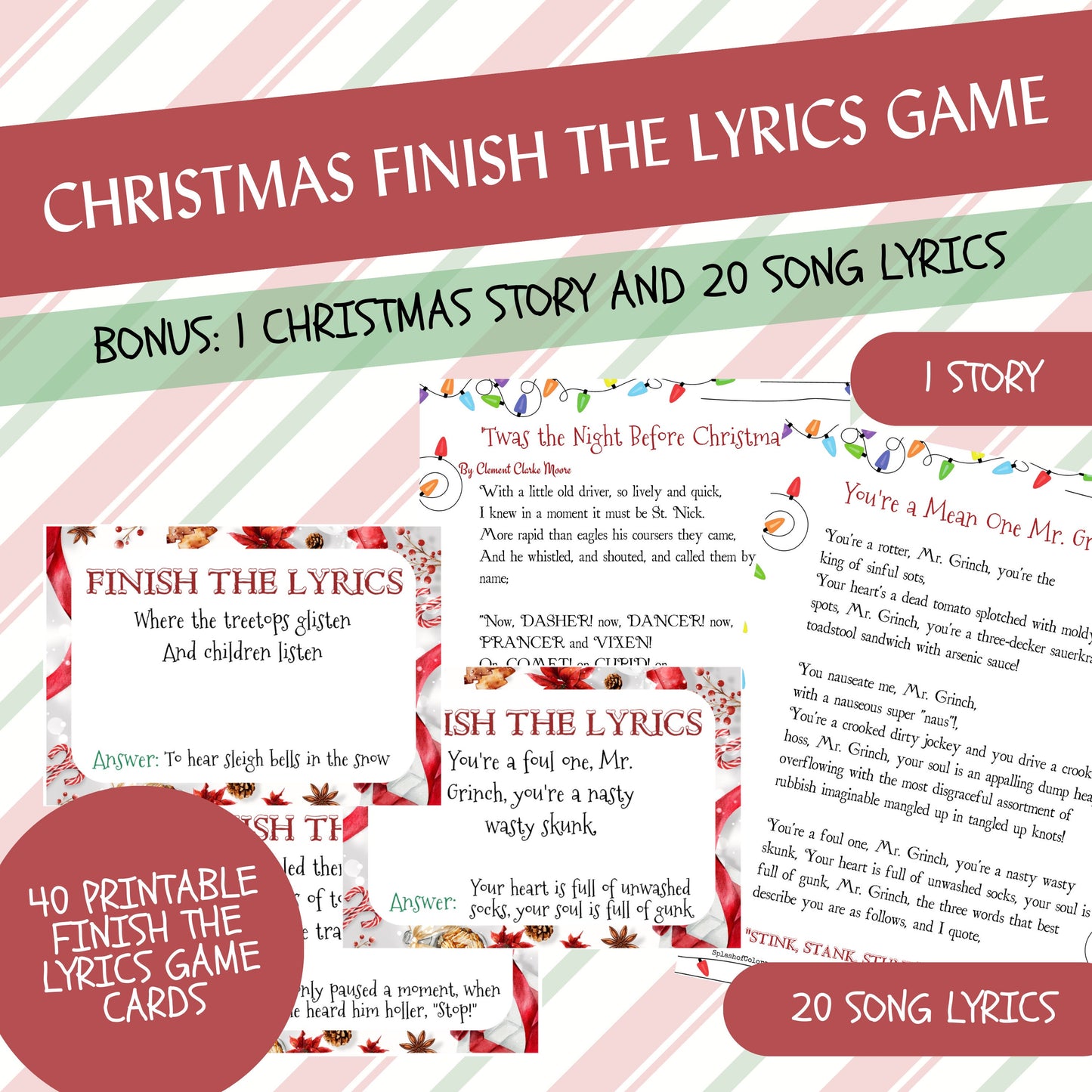 Christmas Finish the Lyrics Game, 20 Printable Classic Christmas Songs & Story