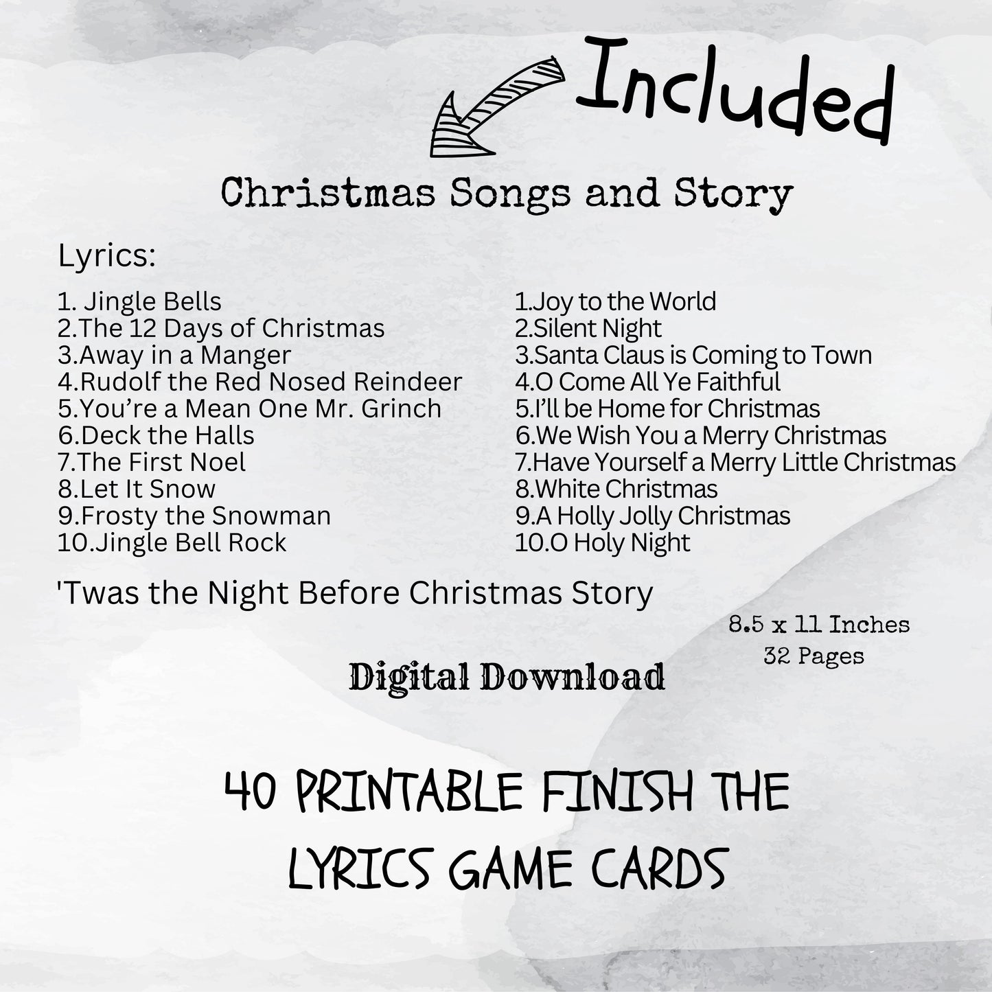 Christmas Finish the Lyrics Game, 20 Printable Classic Christmas Songs & Story