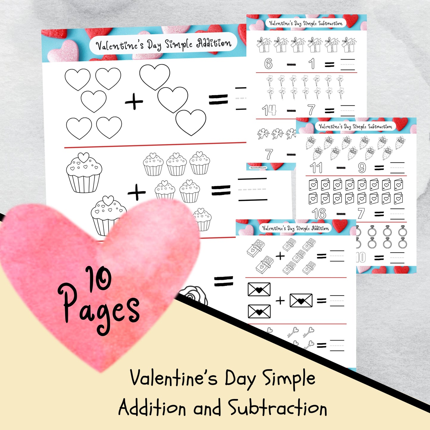 Simple Addition & Subtraction Valentine's Day Themed Math Worksheet Printables