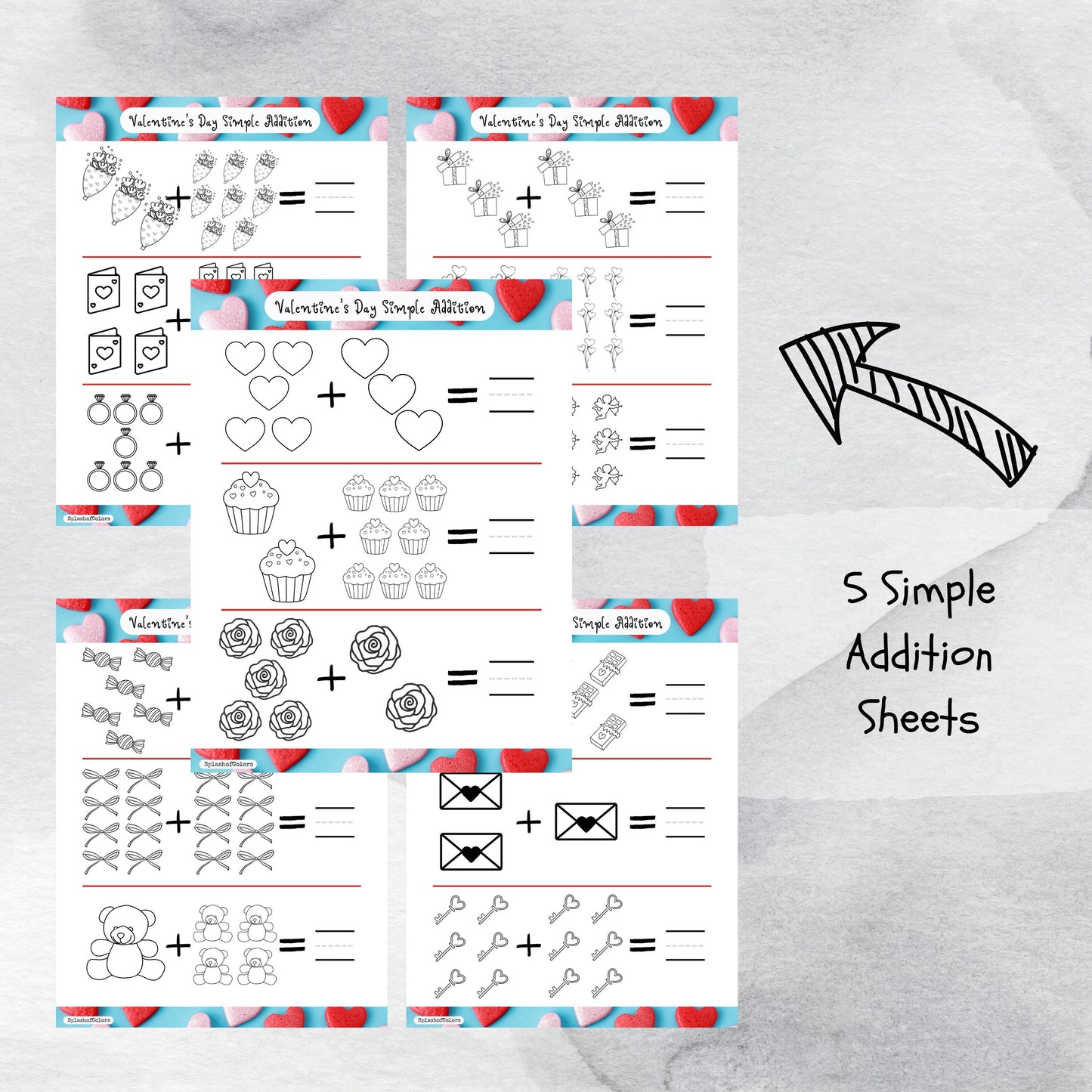 Simple Addition & Subtraction Valentine's Day Themed Math Worksheet Printables