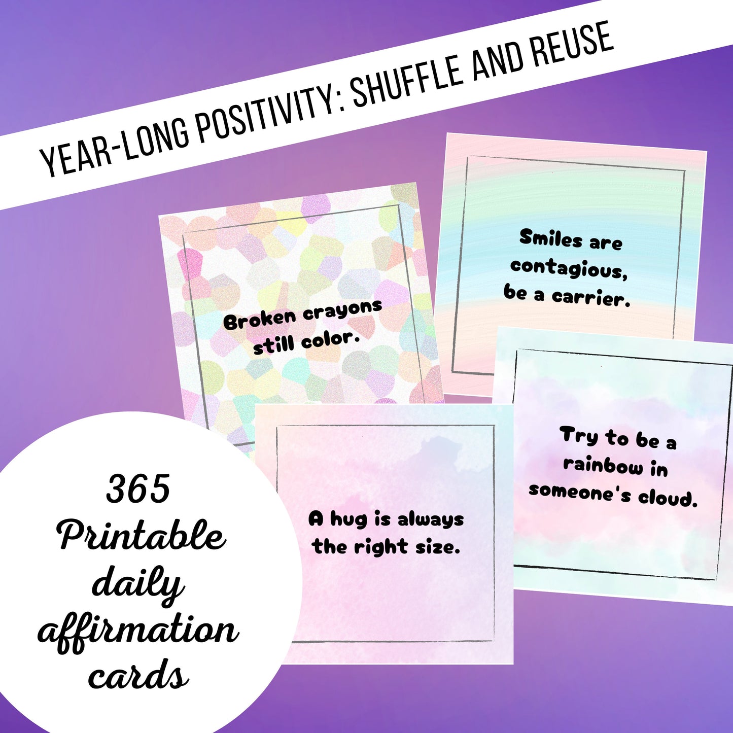 Year Long Positivity Printable Cards, Pastel Rainbow Design