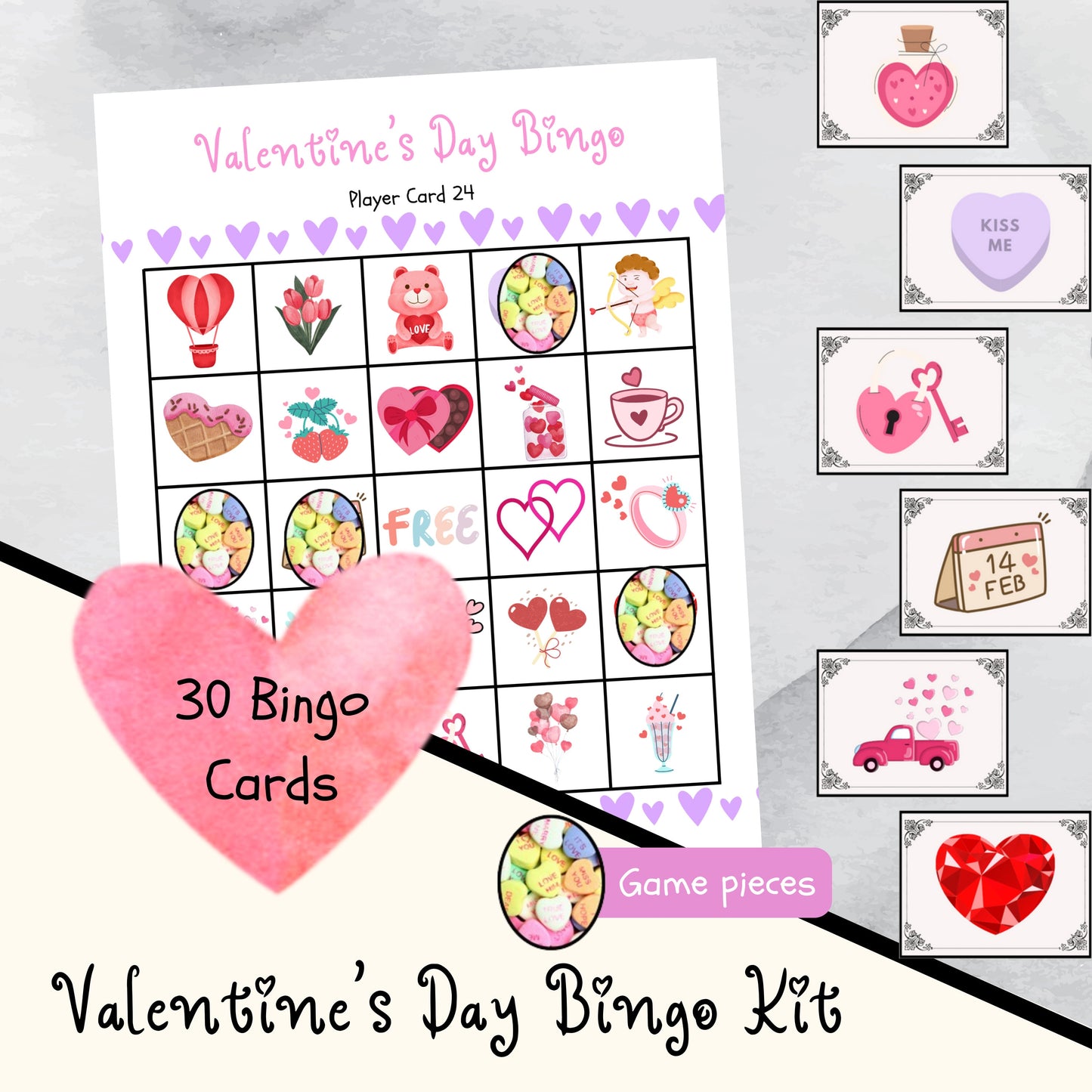 Best Valentine's Day Bingo Printable Game Kit, 30 Unique Love Themed Bingo Cards