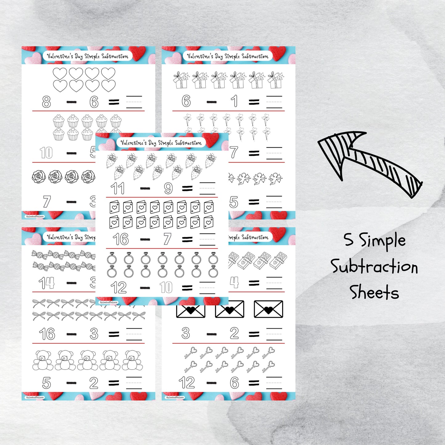 Simple Addition & Subtraction Valentine's Day Themed Math Worksheet Printables